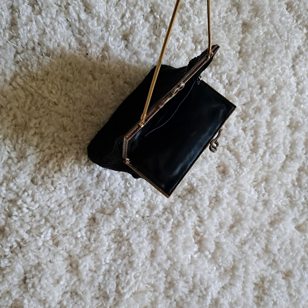 Vintage Black Beaded Clutch Evening Bag‎ Gold Trim Made in Japan